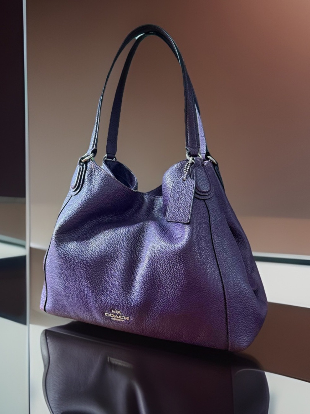 Coach Edie 31 Purple Pebbled Leather Shoulder Tote Bag Silver Hardware